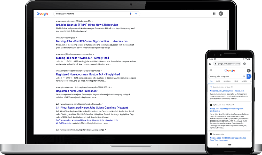 an image of Google search results for the phrase 'nursing jobs near me' on both a laptop and a smart phone